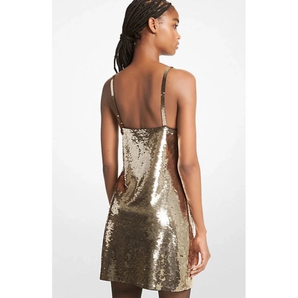 NWT $275 MICHAEL KORS‎ Gold Sequin Mini Dress L Spaghetti Strap Cocktail Tank
